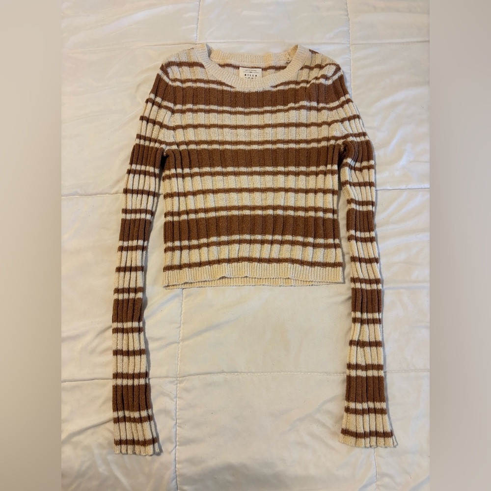 Billabong Cropped Ribbed Stretch Knit Stripe Sweater - Brown & Cream Size M